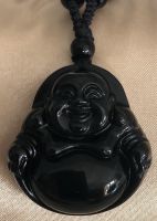 Large Obsidian Happiness Buddha Pendant with Glass Beads Necklace
